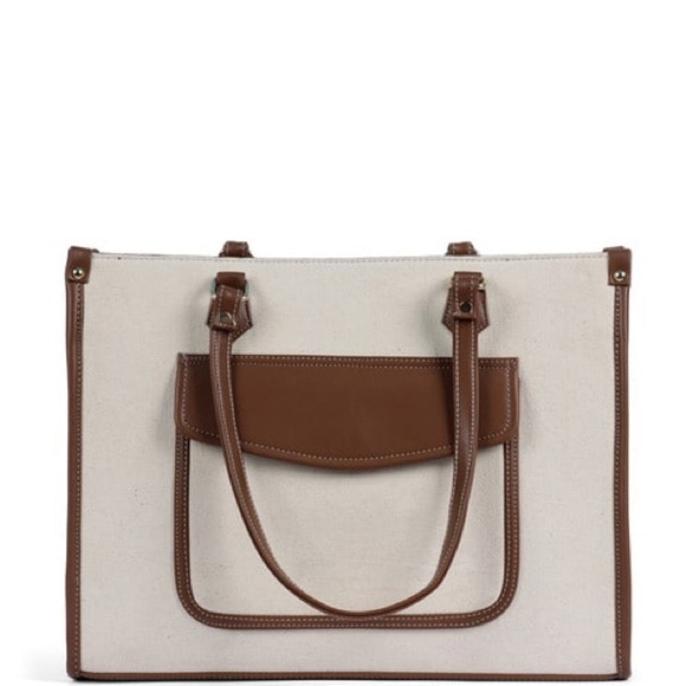 Sophisticated Cream and Brown Leather Trim Tote